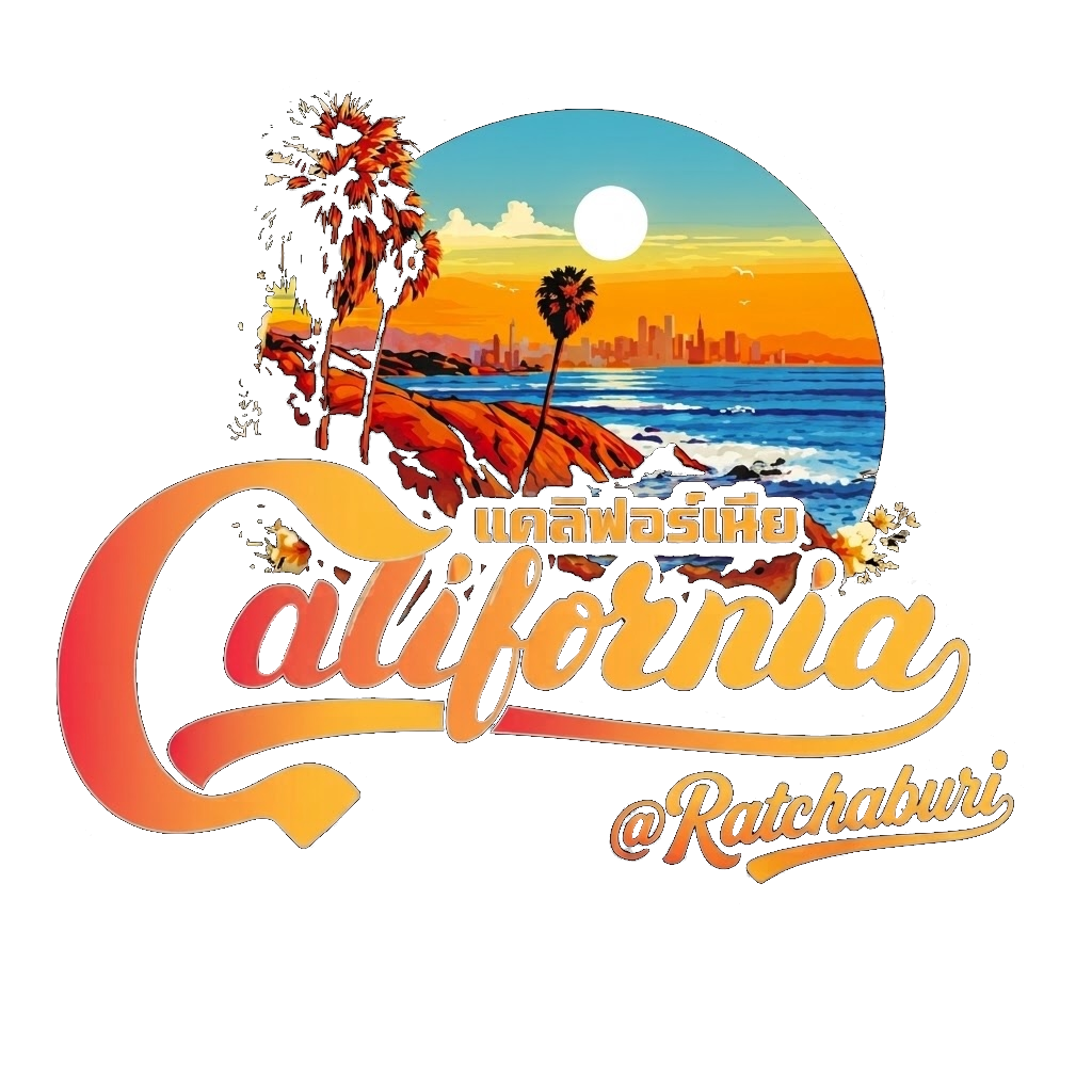 California แคลิฟอร์เนีย @Ratchaburi — โลโก้นีออนรูปหาดพระอาทิตย์ตกและต้นปาล์ม